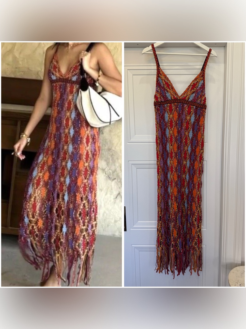 ZARA CROCHET MULTICOLOR RAINBOW MAXI DRESS FRINGE RESORT MEDIUM